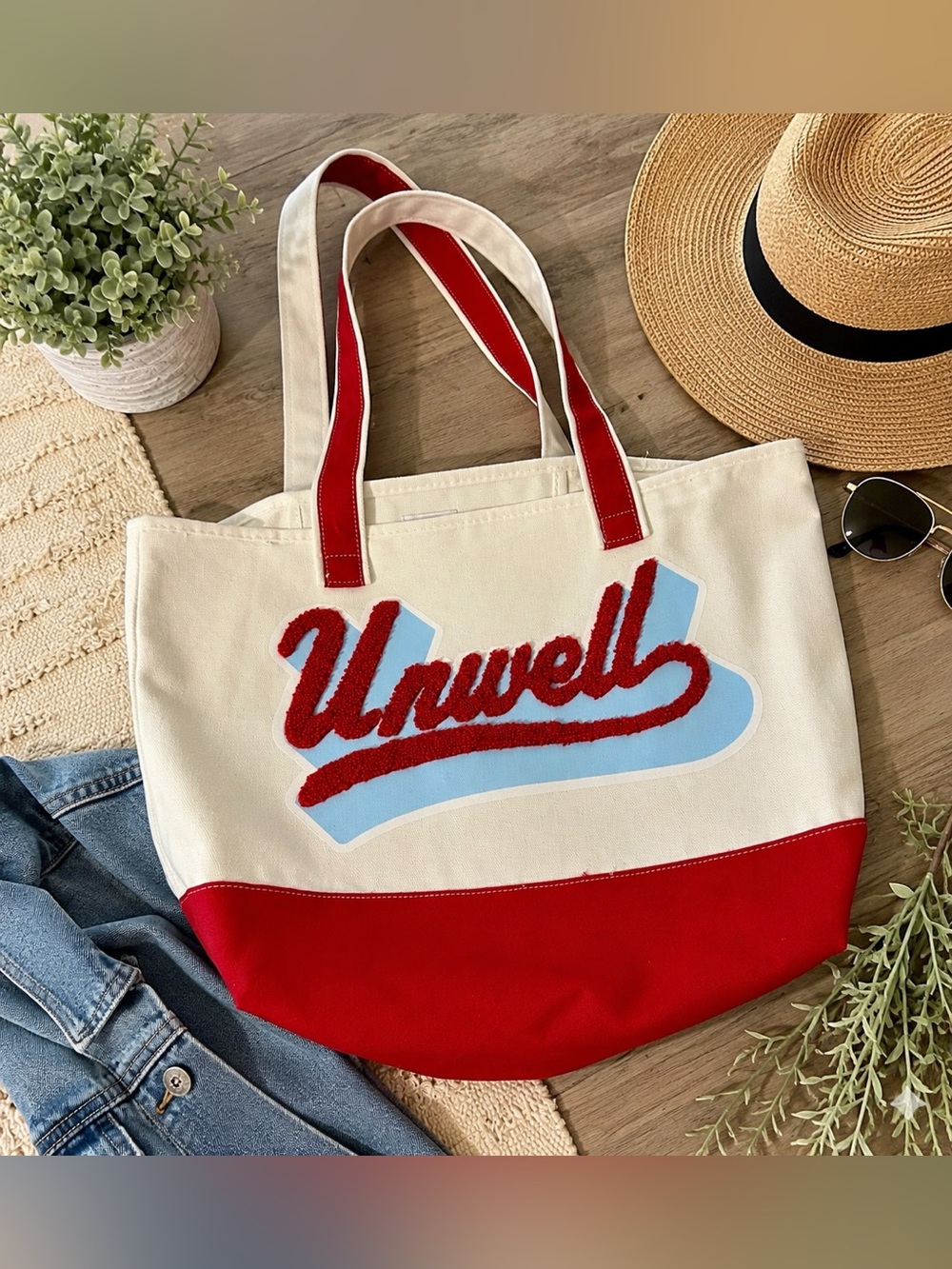 Unwell Canvas Tote Bag Red & Cream Oversized Carryall Beach Travel Bag NWT